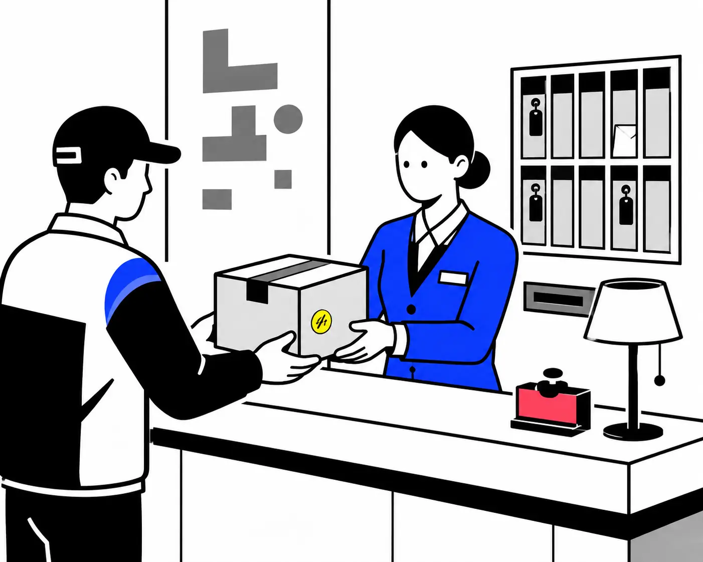 Korean hotel front desk receiving a package